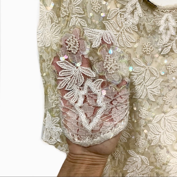 Vintage Ivory Lace, Chiffon & Sequin Dress (2 piece) Size Small - Picture 14 of 16